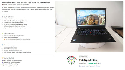 Lenovo ThinkPad T480 i7 8650U 16GB RAM 256GB SSD IPS SCREEN B\L KB (1321)