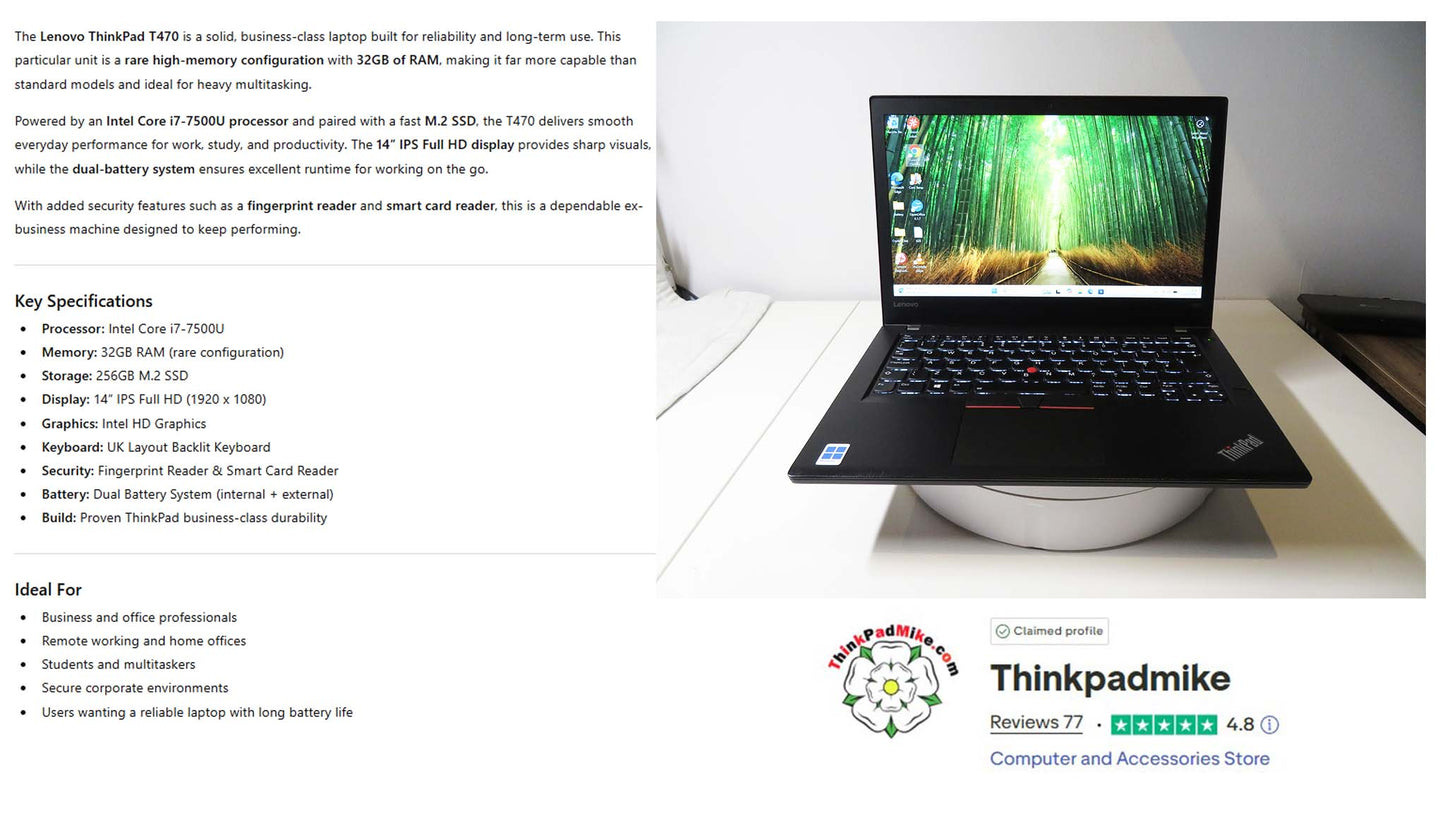 Lenovo ThinkPad T470 7500U i7 2.7Ghz 32GB RAM 256GB SSD IPS Screen B\L KB (626)