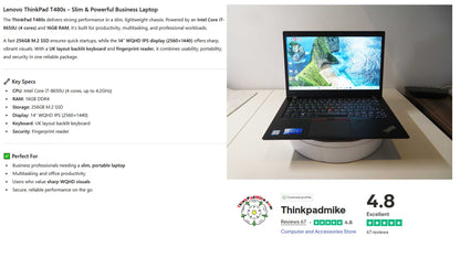 Lenovo ThinkPad T480s i7 8650U 16GB RAM 256GB SSD IPS WQHD SCREEN B\L KB (1204)