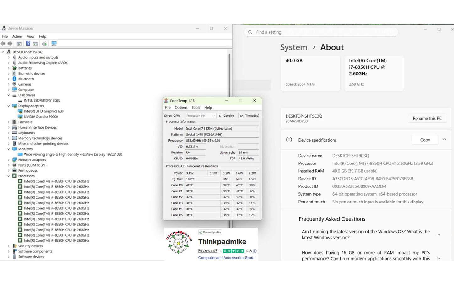 Lenovo ThinkPad P52 i7 *6 CORE* 8850H 2.6Ghz 40GB RAM 512GB IPS B\L KB NVIDIA P2000 (1236)