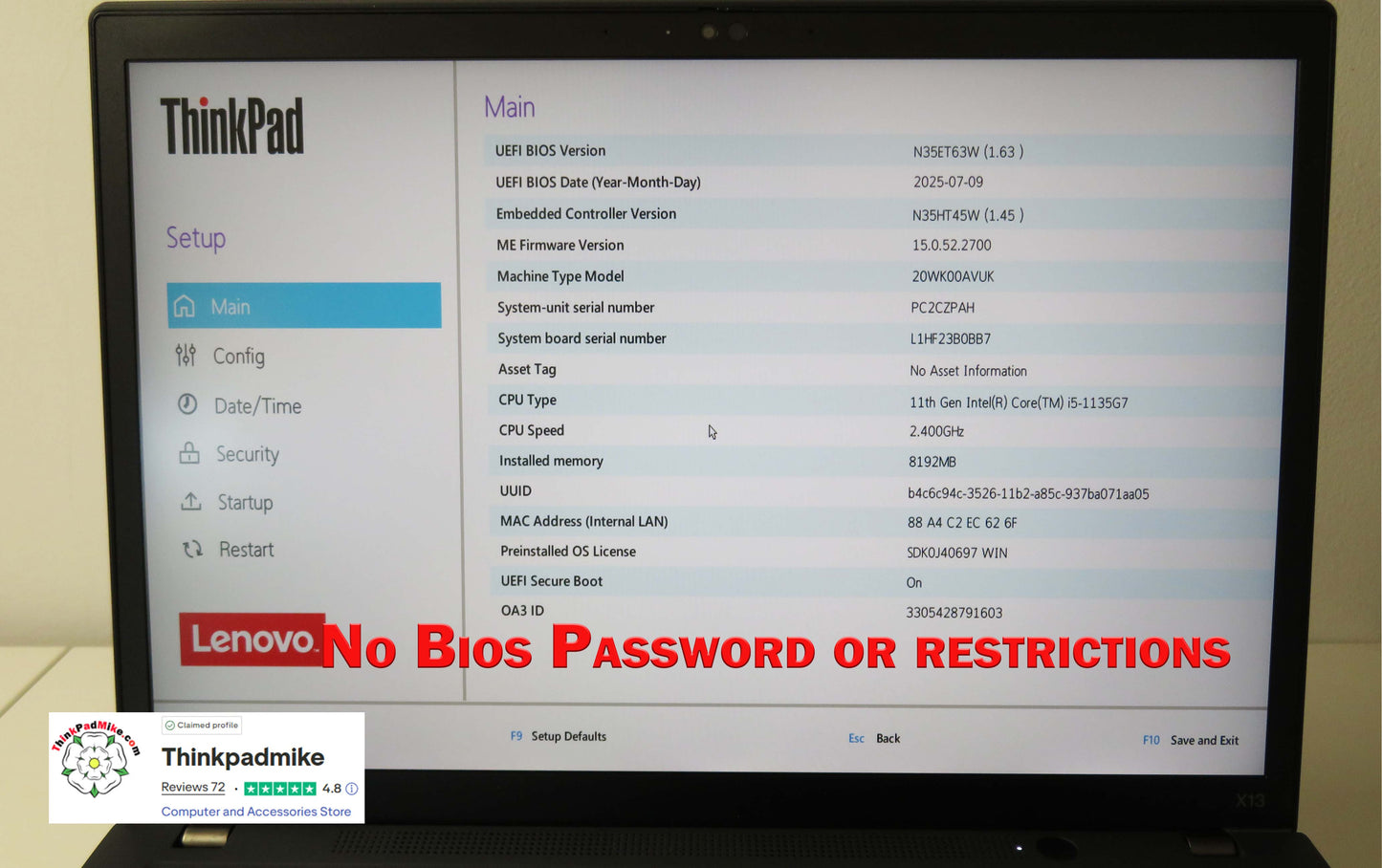 Lenovo ThinkPad x13 Gen 2 i5 1135G7 8GB RAM 256GB SSD WUXGA IPS SCREEN B\LKB (1243)
