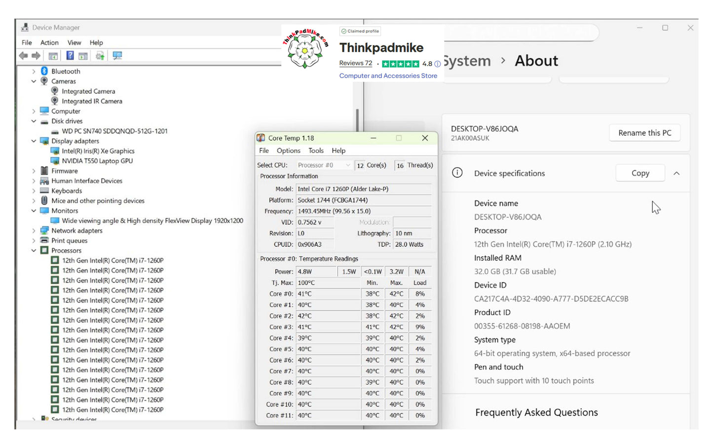 Lenovo ThinkPad P14s i7 1260P **12 Core** 32GB RAM 512GB SSD IPS TOUCH NVIDIA T550 WIN11 (1244)