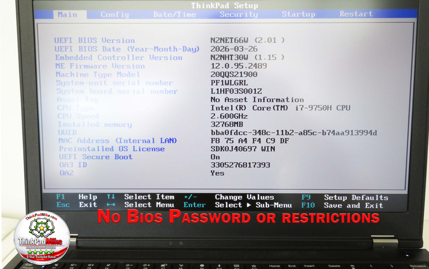 Lenovo ThinkPad P53 i7 *6 CORE* 9750H 32GB RAM 512GB IPS B\L KB NVIDIA T2000 (1365)