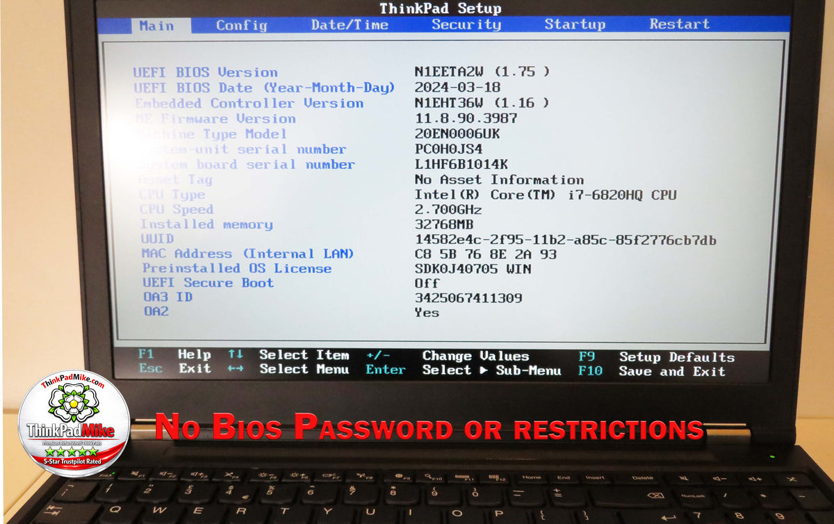 Lenovo ThinkPad P50 i7 6820HQ 32GB RAM 256GB SSD IPS NVIDIA M2000M (1404)