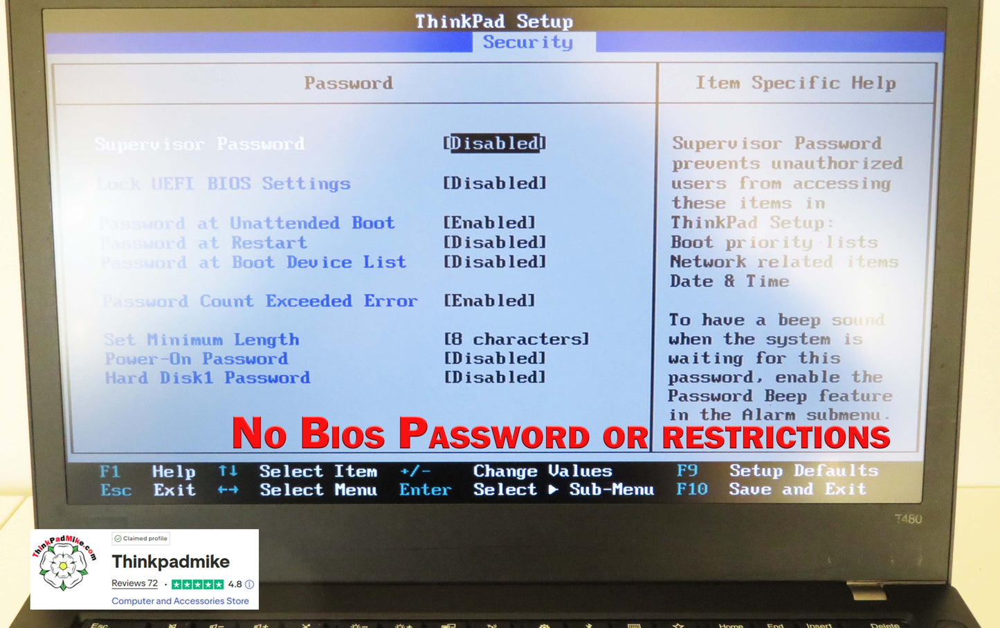 ThinkPad Setup screen with BIOS password disabled message
