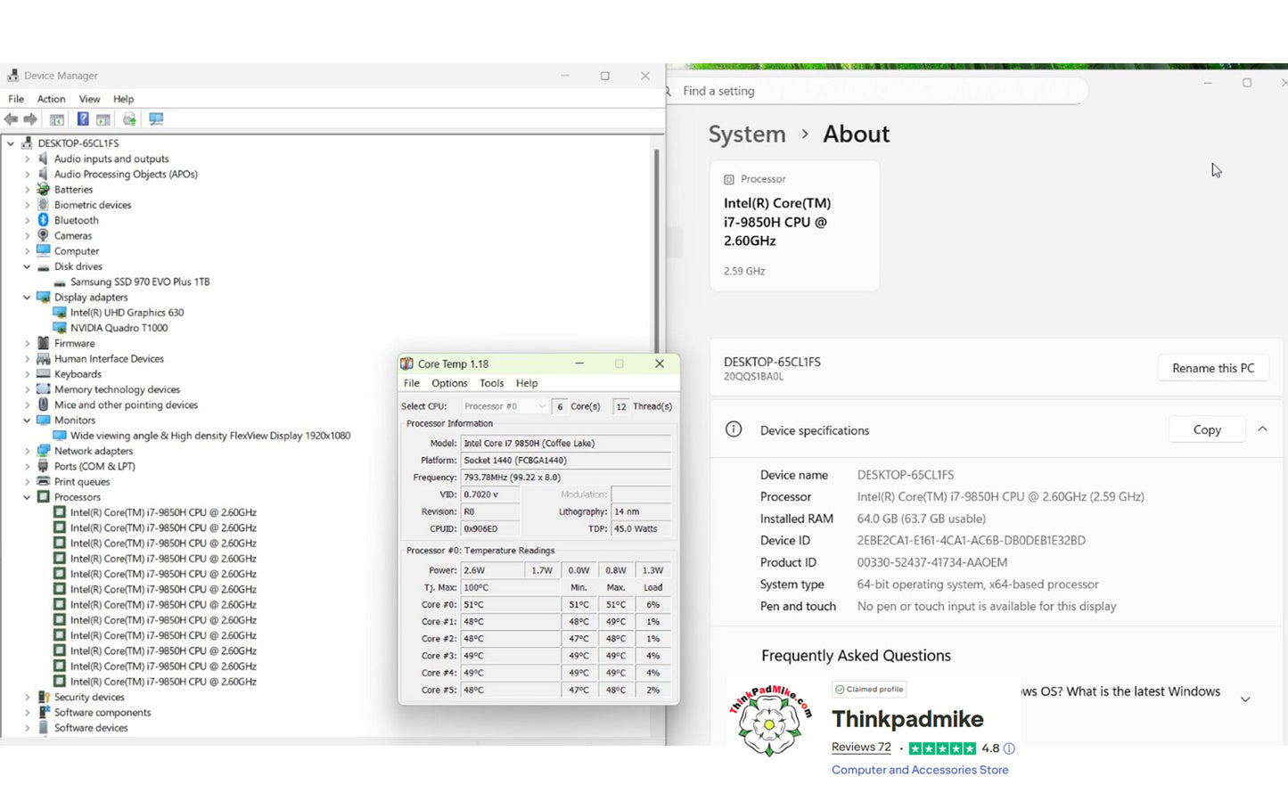 Computer system information displayed on a screen with Thinkpadmike branding.