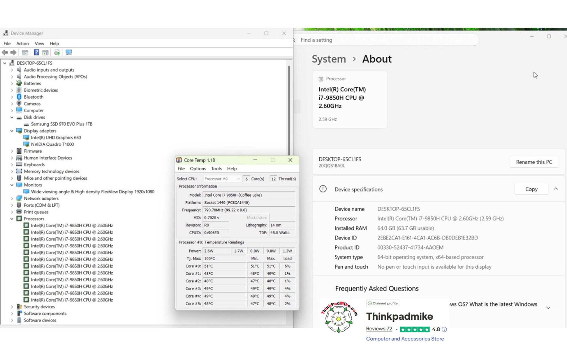 Computer system information displayed on a screen with Thinkpadmike branding.