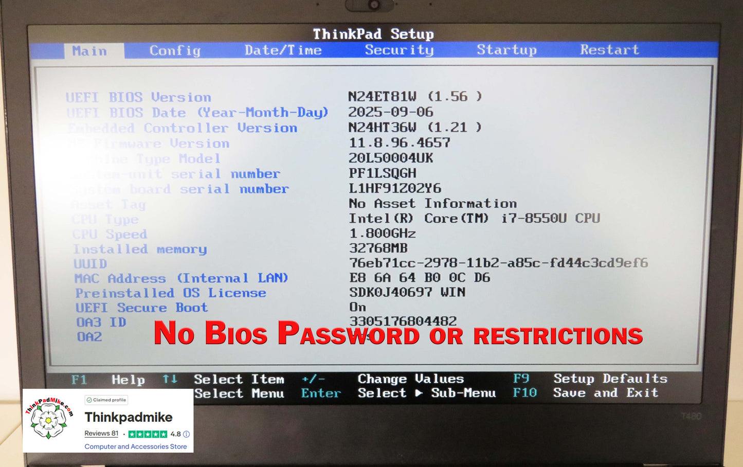 Lenovo ThinkPad T480 i7 8550U 32GB RAM 256GB SSD IPS SCREEN (1307)