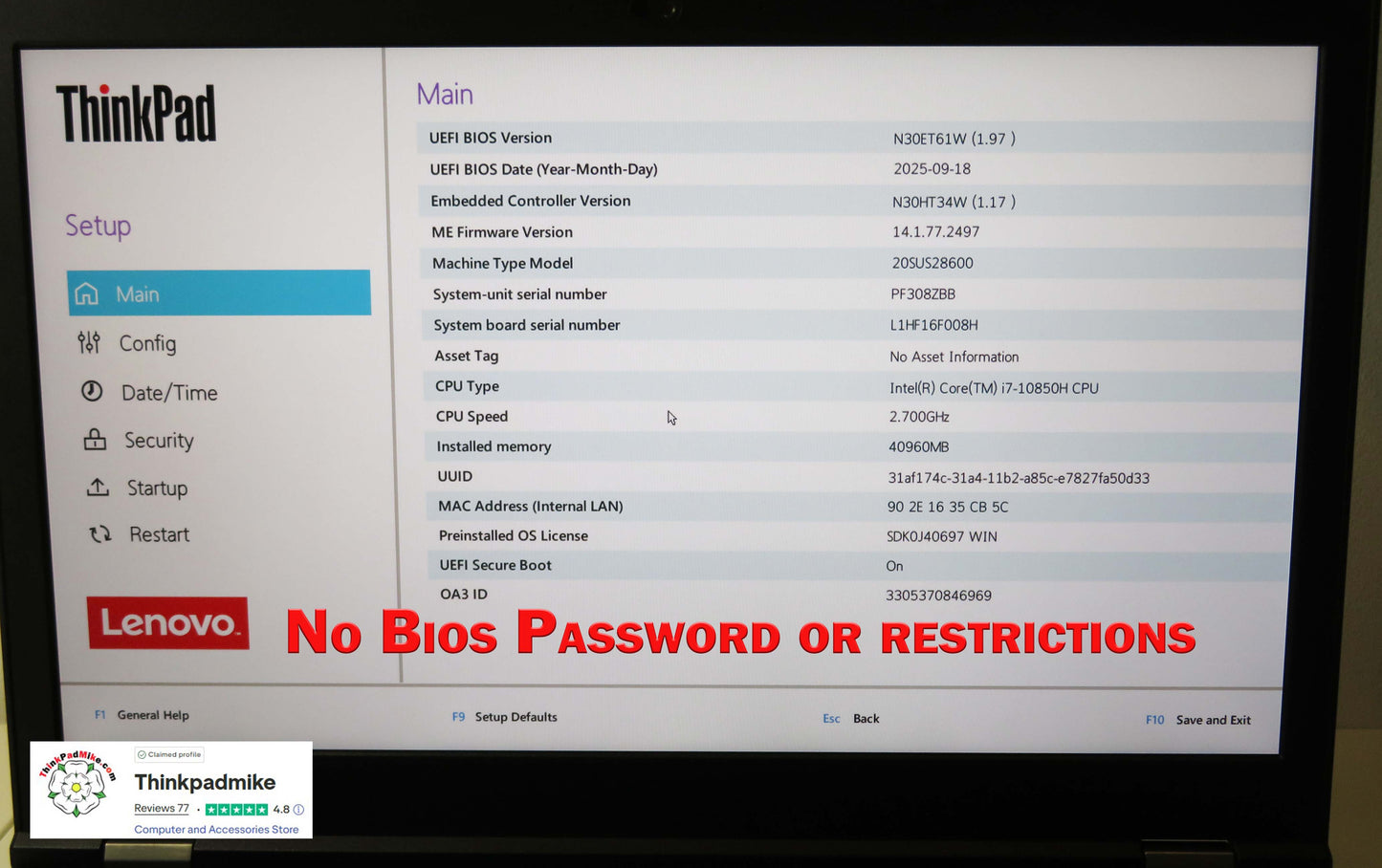 Lenovo ThinkPad P15 i7 10850H *6 CORE* 40GB RAM 512GB SSD IPS NVIDIA T2000 (1285)
