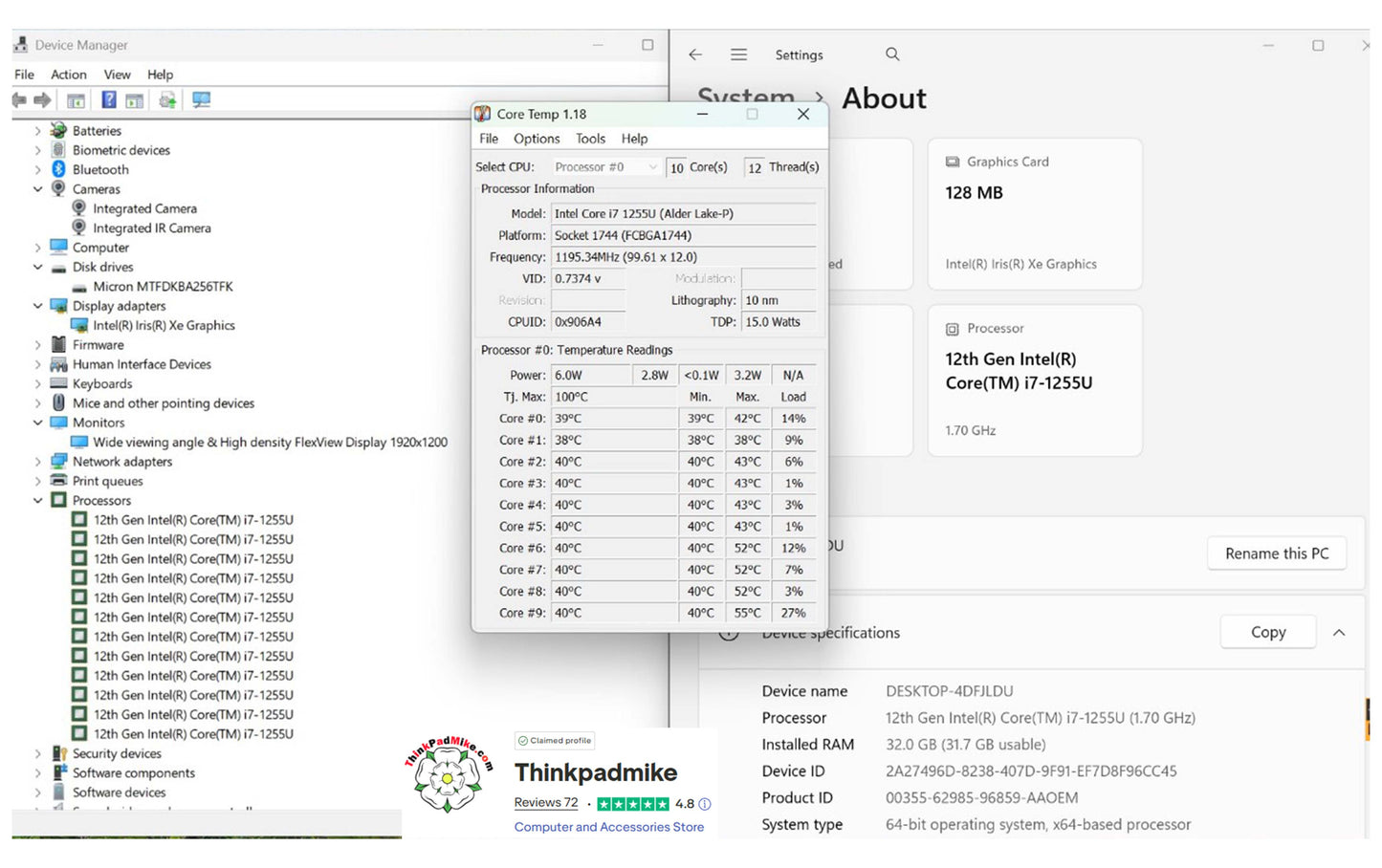Lenovo ThinkPad T14 i7 1255u 10 Core 32GB RAM 256GB SSD WUXGA IPS SCREEN (1245)