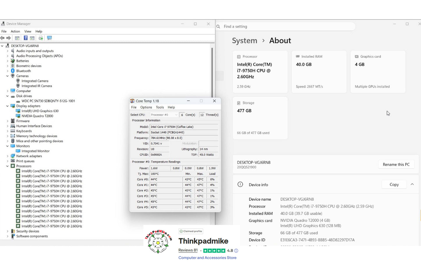 Lenovo ThinkPad P53 i7 *6 CORE* 9750H 40GB RAM 512GB IPS B\L KB NVIDIA T2000 (1330)
