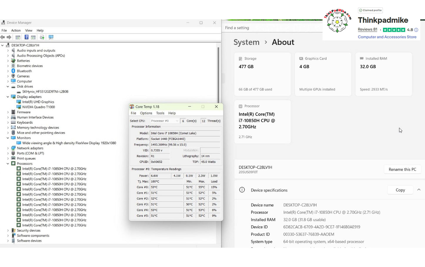 Lenovo ThinkPad P15 i7 10850H *6 CORE* 32GB RAM 512GB SSD IPS NVIDIA T1000 (1309)