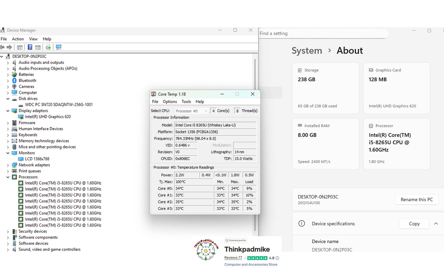 Lenovo ThinkPad x390 i5 1.6Ghz 8265U 8GB RAM 256GB SSD 13.3" HD Screen (937)