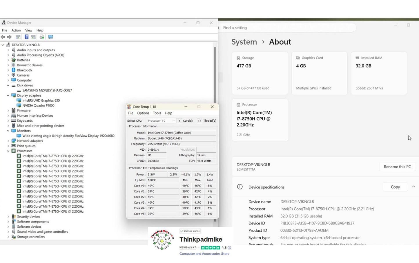 Lenovo ThinkPad P1  i7 *6 CORE* 8750H 2.2Ghz 32GB RAM 512GB SSD IPS B\L KB NVIDIA P1000 (1303)