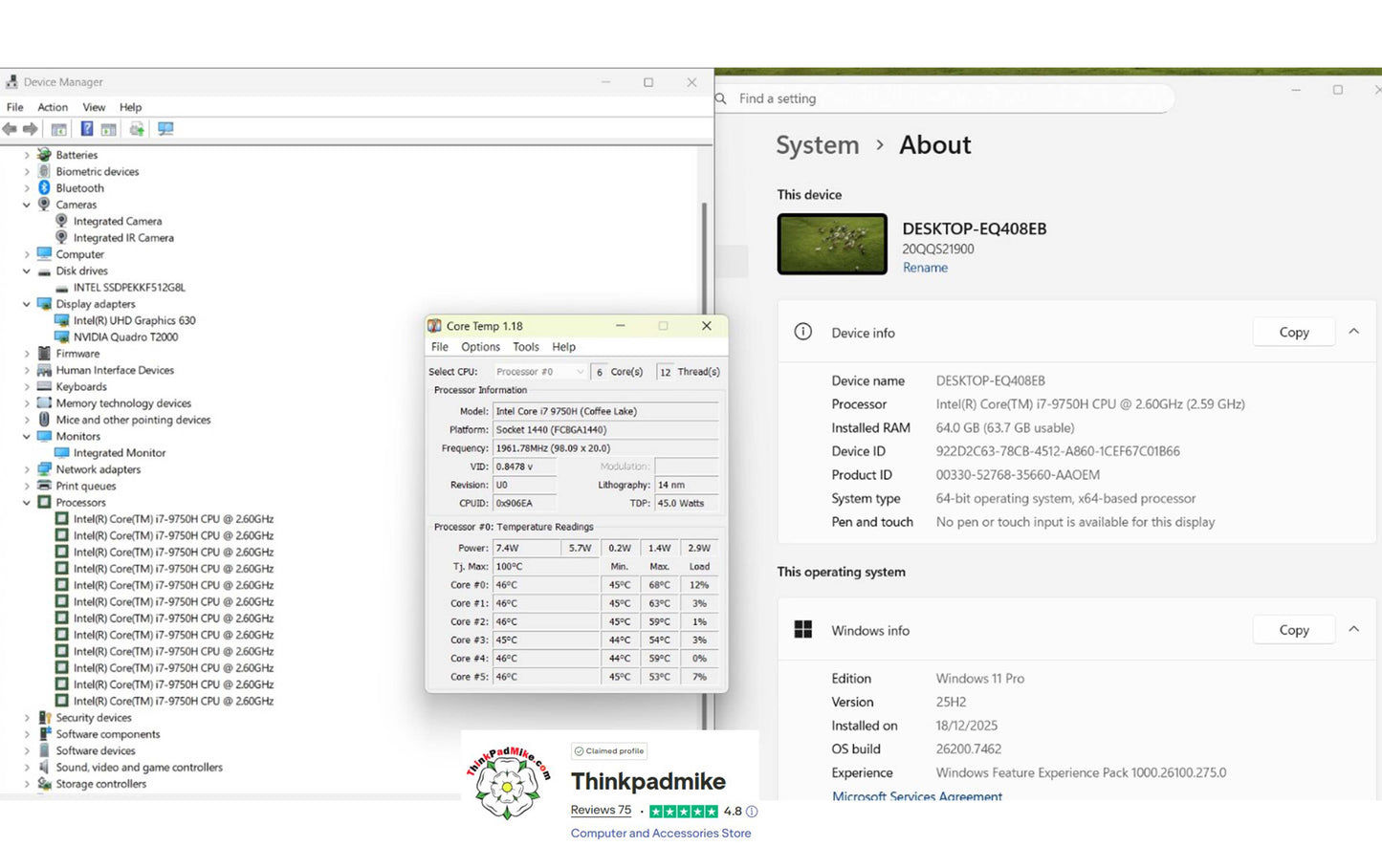 Lenovo ThinkPad P53 i7 *6 CORE* 9750H 2.6Ghz 64GB RAM 512GB IPS B\L KB NVIDIA T2000 (1268)