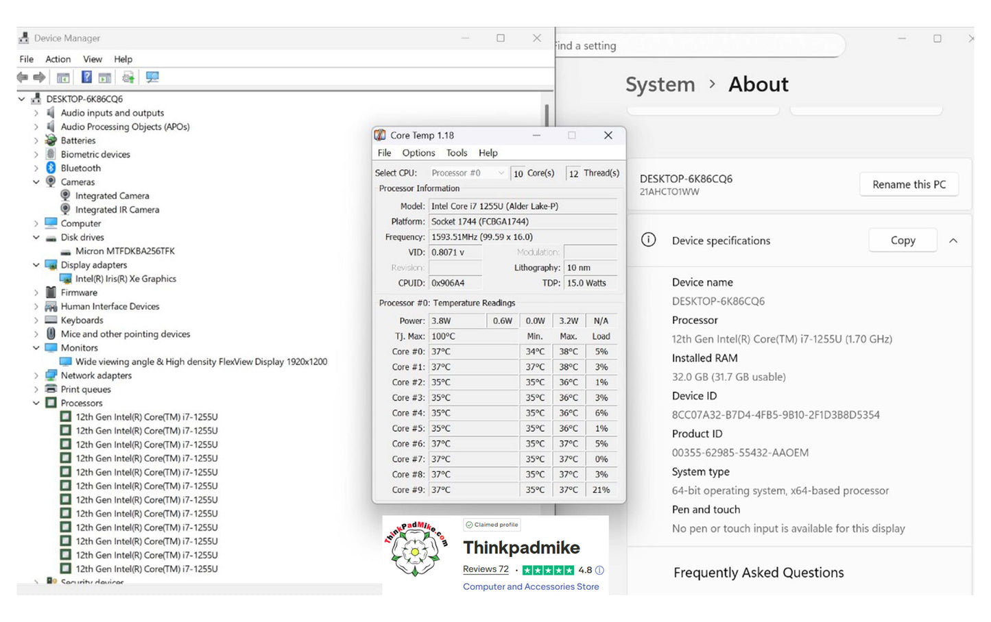 Lenovo ThinkPad T14 i7 1255u 10 Core 32GB RAM 256GB SSD WUXGA IPS SCREEN (1241)