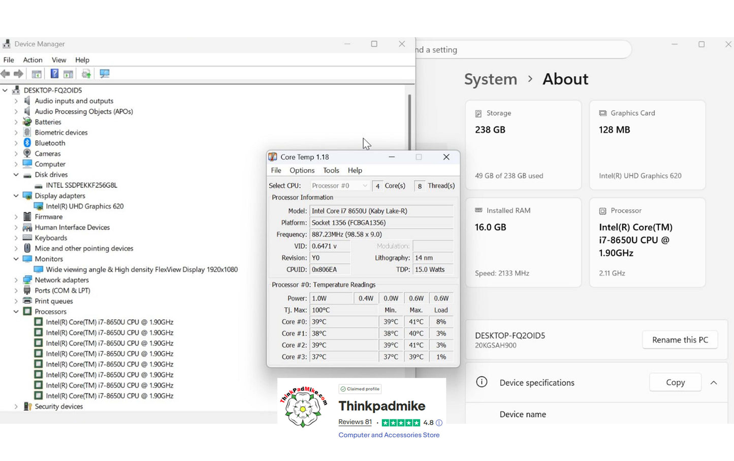 Lenovo ThinkPad x1 Carbon 6th Gen i7 8650U 1.9Ghz 16GB RAM 256GB SSD IPS Screen B\LKB (1315)