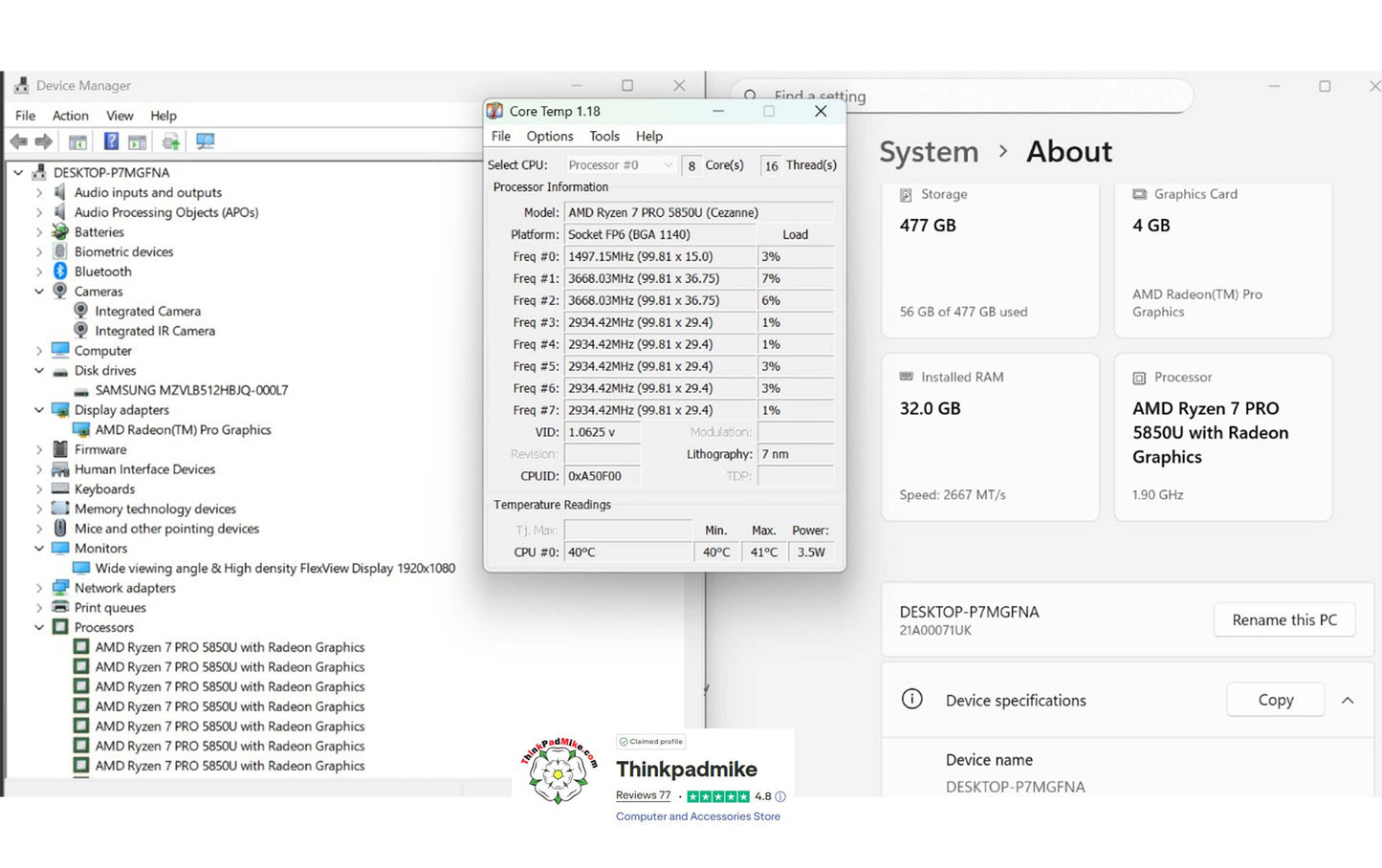 Lenovo ThinkPad P14s AMD Ryzen 7 Pro 8 Core 32GB RAM 512GB SSD IPS Screen (1290)