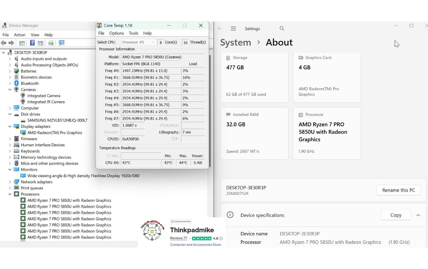 Lenovo ThinkPad P14s AMD Ryzen 7 Pro 8 Core 32GB RAM 512GB SSD IPS Screen (1289)
