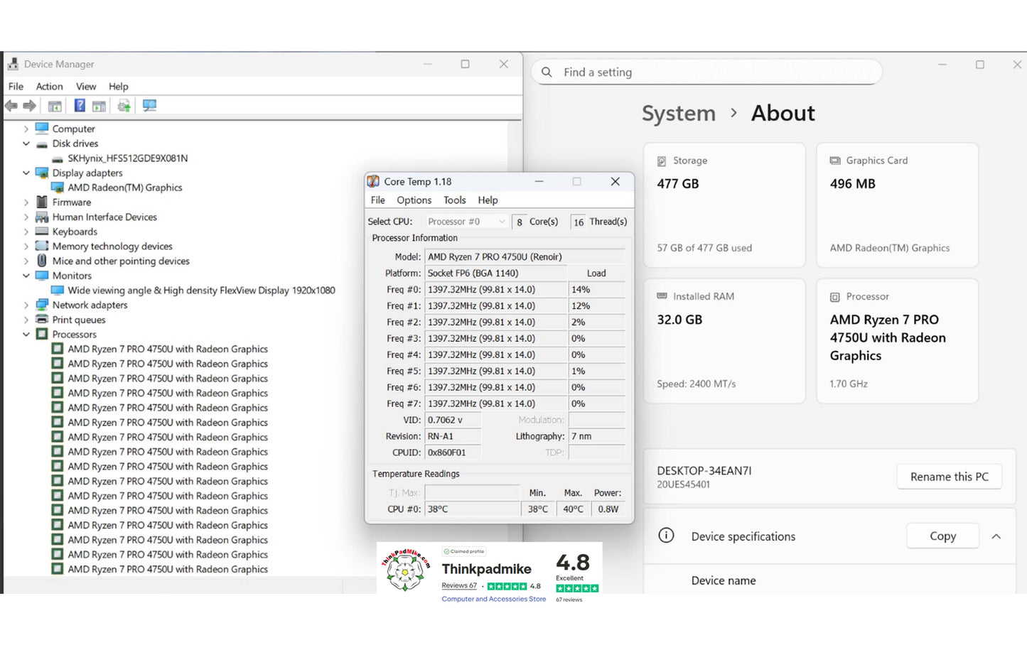 Lenovo ThinkPad T14 AMD Ryzen 7 Pro 8 CORE 32GB RAM 512GB SSD IPS FHD SCREEN B\LKB (1229)