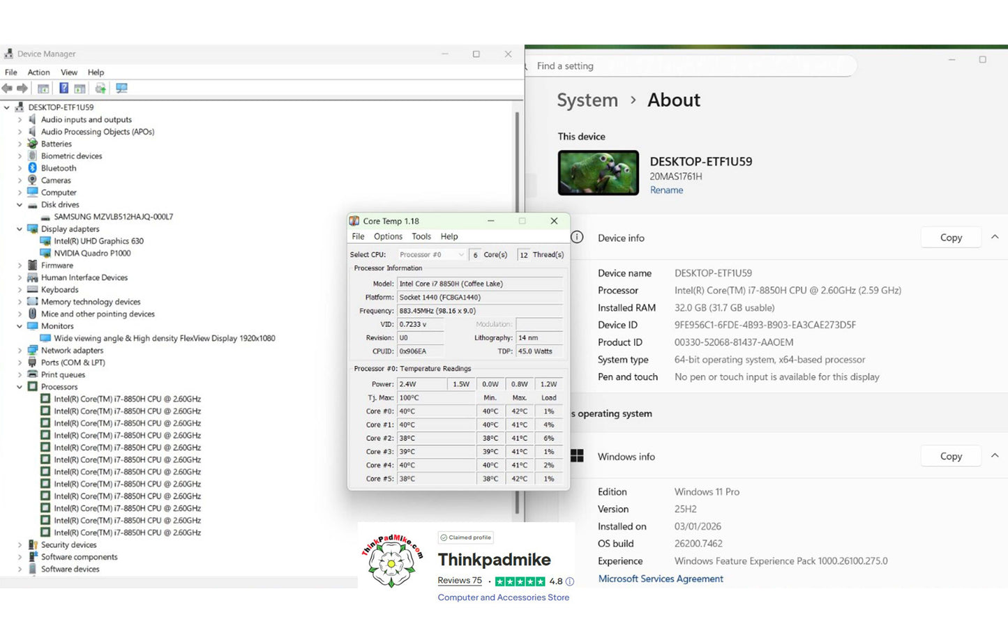 Lenovo ThinkPad P52 i7 *6 CORE* 8850H 2.6Ghz 32GB RAM 512GB SSD IPS B\L KB NVIDIA P1000 (1275)