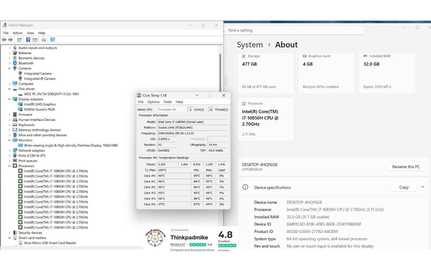 Lenovo ThinkPad P15v i7 10850H *6 CORE* 32GB RAM 512GB SSD IPS NVIDIA P620 WIN11 (1225)