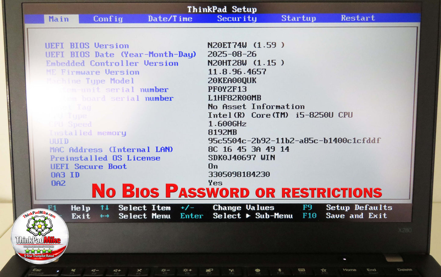 Lenovo ThinkPad x280 i5 8250U 1.6Ghz 8GB RAM 256GB SSD IPS Touch Screen (727)