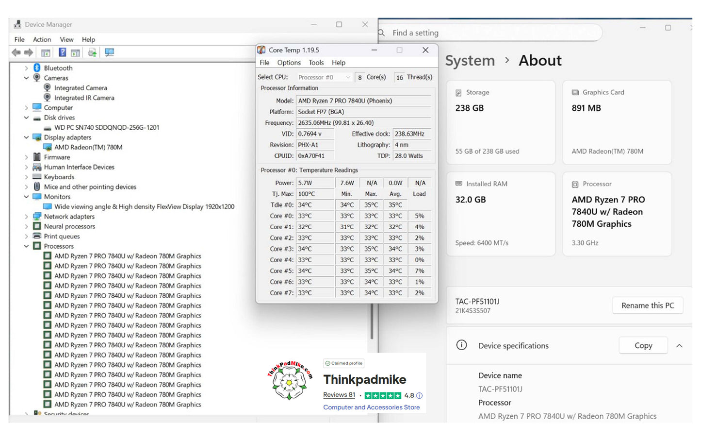 Lenovo ThinkPad T14 AMD Ryzen 7 Pro 8 CORE 32GB RAM 256GB SSD IPS WUXGA SCREEN B\LKB (1310)