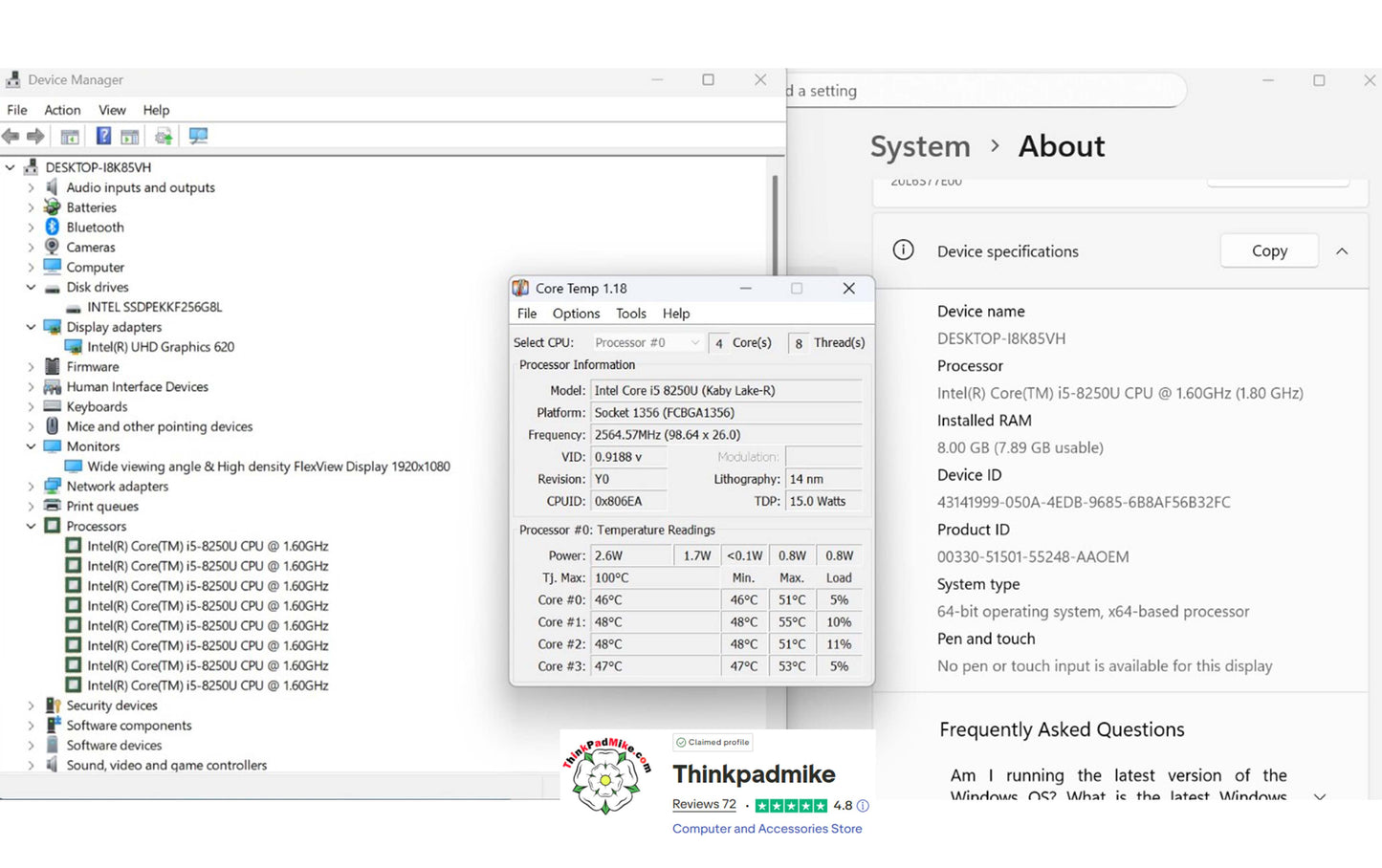 Lenovo ThinkPad T480 i5 8250U 8GB RAM 256GB SSD IPS SCREEN WIN11 (1253)