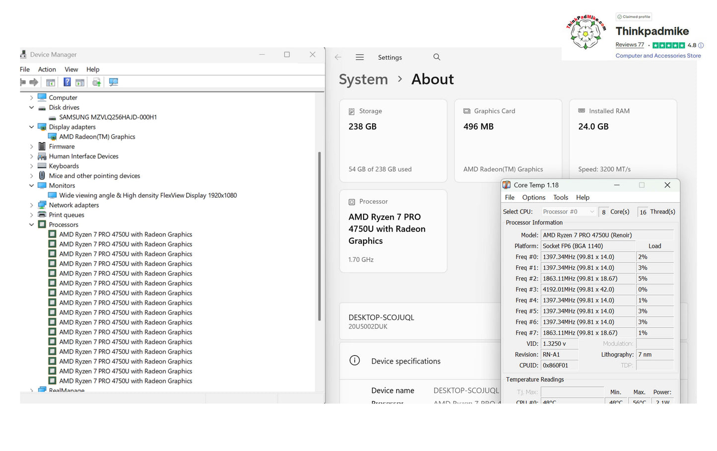 Lenovo ThinkPad L14 AMD Ryzen 7 Pro 8 CORE 24GB RAM 256GB SSD IPS FHD SCREEN (1292)
