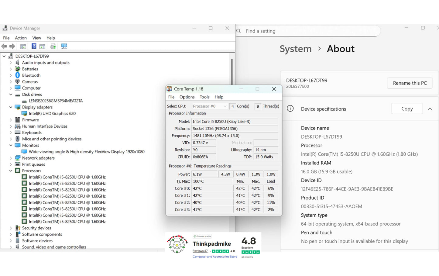 Lenovo ThinkPad T480 i5 8250U 16GB RAM 256GB SSD IPS SCREEN WIN11 (1228)
