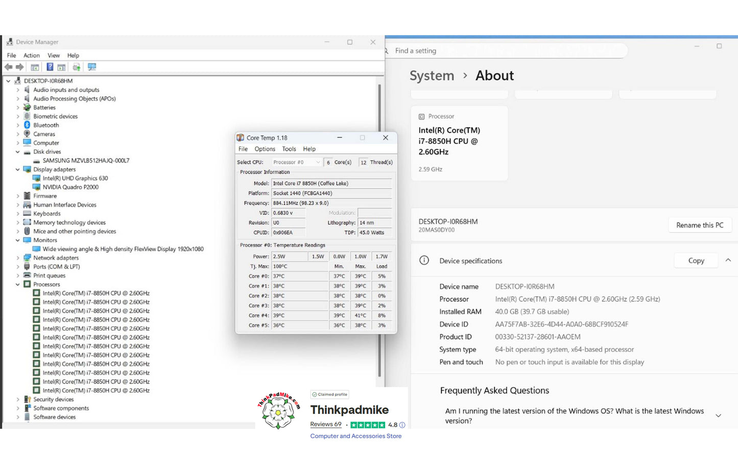 Lenovo ThinkPad P52 i7 *6 CORE* 8850H 2.6Ghz 40GB RAM 512GB IPS B\L KB NVIDIA P2000 (1238)