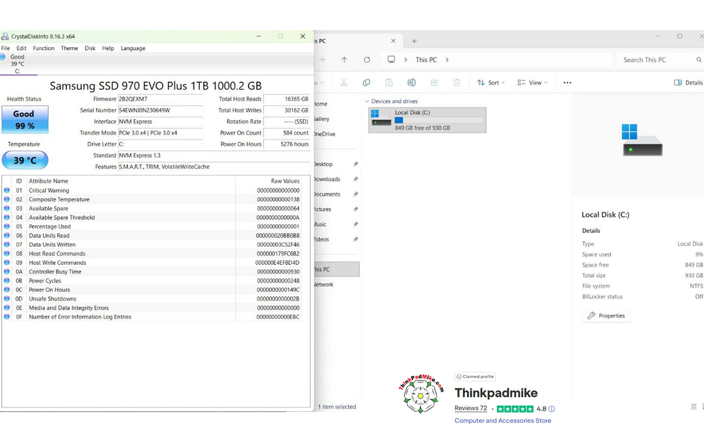 Computer screen displaying Samsung SSD 970 EVO Plus 1TB information with Thinkpadmike branding.