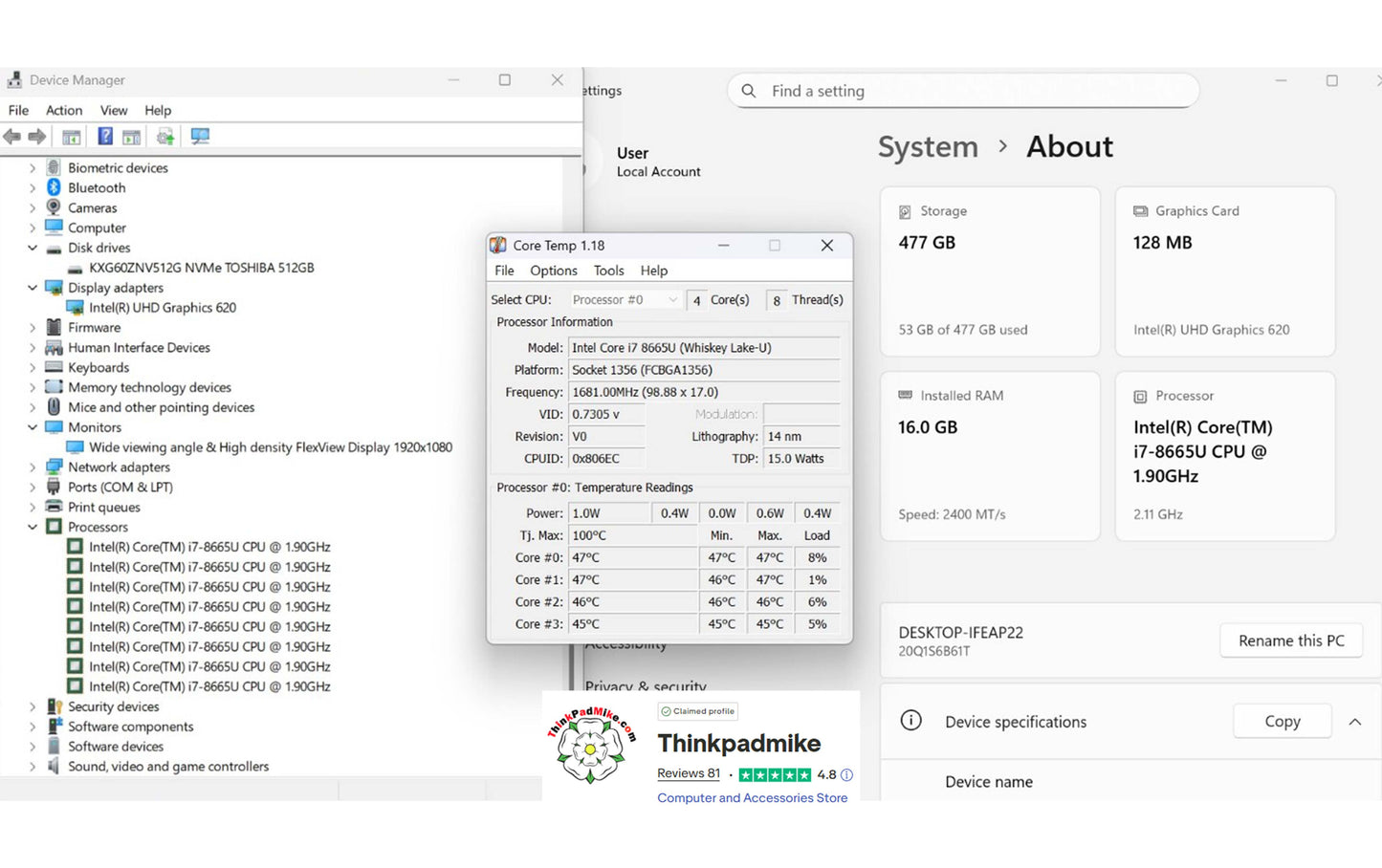 Lenovo ThinkPad x390 i7 1.9Ghz 8665U 16GB RAM 512GB SSD IPS Touch Screen B\L KB (1094)