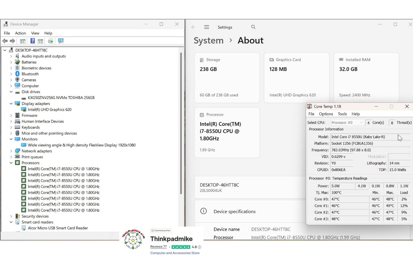 Lenovo ThinkPad T480 i7 8550U 32GB RAM 256GB SSD IPS SCREEN B\L KB (1294)