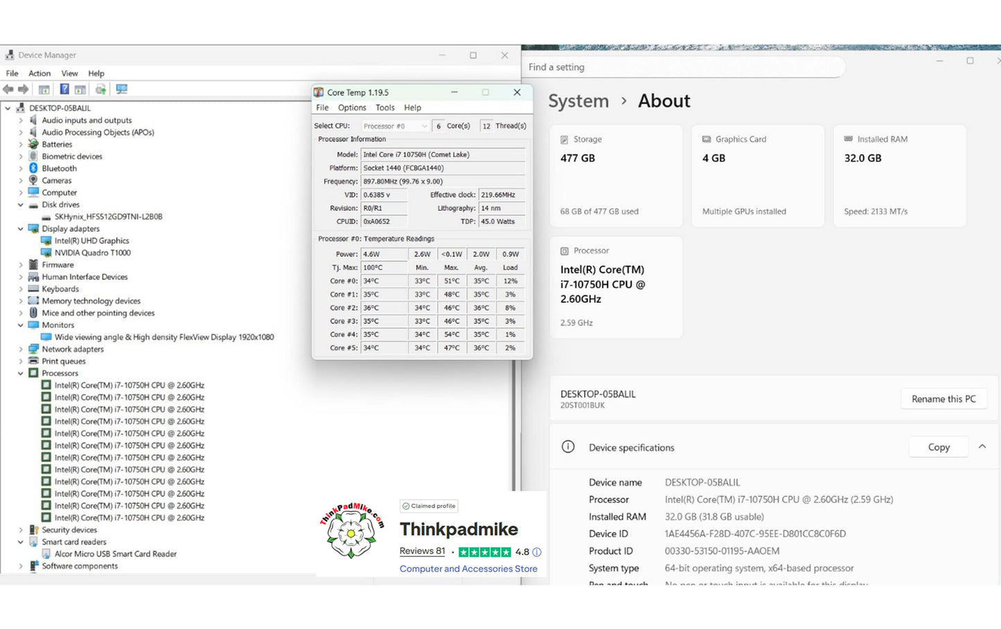 Lenovo ThinkPad P15 i7 10750H *HEX CORE* 32GB RAM 512GB SSD IPS NVIDIA T1000 (1311)