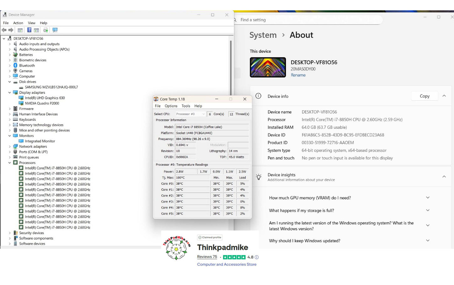 Lenovo ThinkPad P52 i7 *6 CORE* 8850H 2.6Ghz 64GB RAM 512GB SSD IPS B\L KB NVIDIA P2000 (1276)