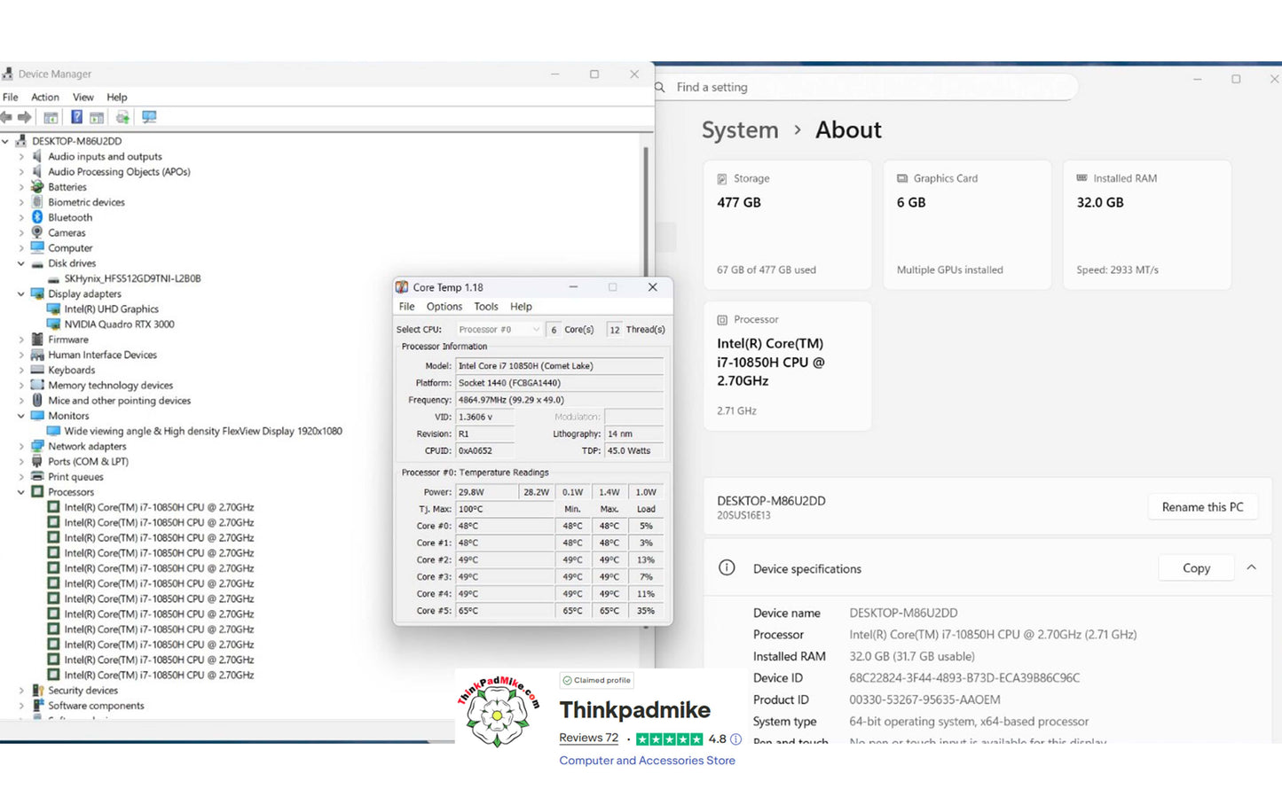 Lenovo ThinkPad P15 i7 6 CORE 10850H 2.7Ghz 32GB RAM 512GB IPS NVIDIA RTX 3000 (1258)