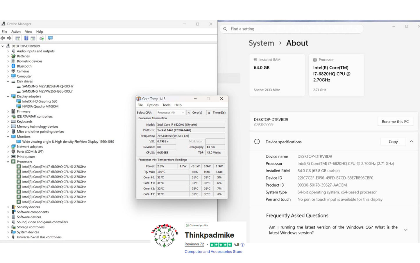 Lenovo ThinkPad P50 i7 6820HQ 64GB RAM 256GB+256GB SSDs IPS NVIDIA M1000M (1108)