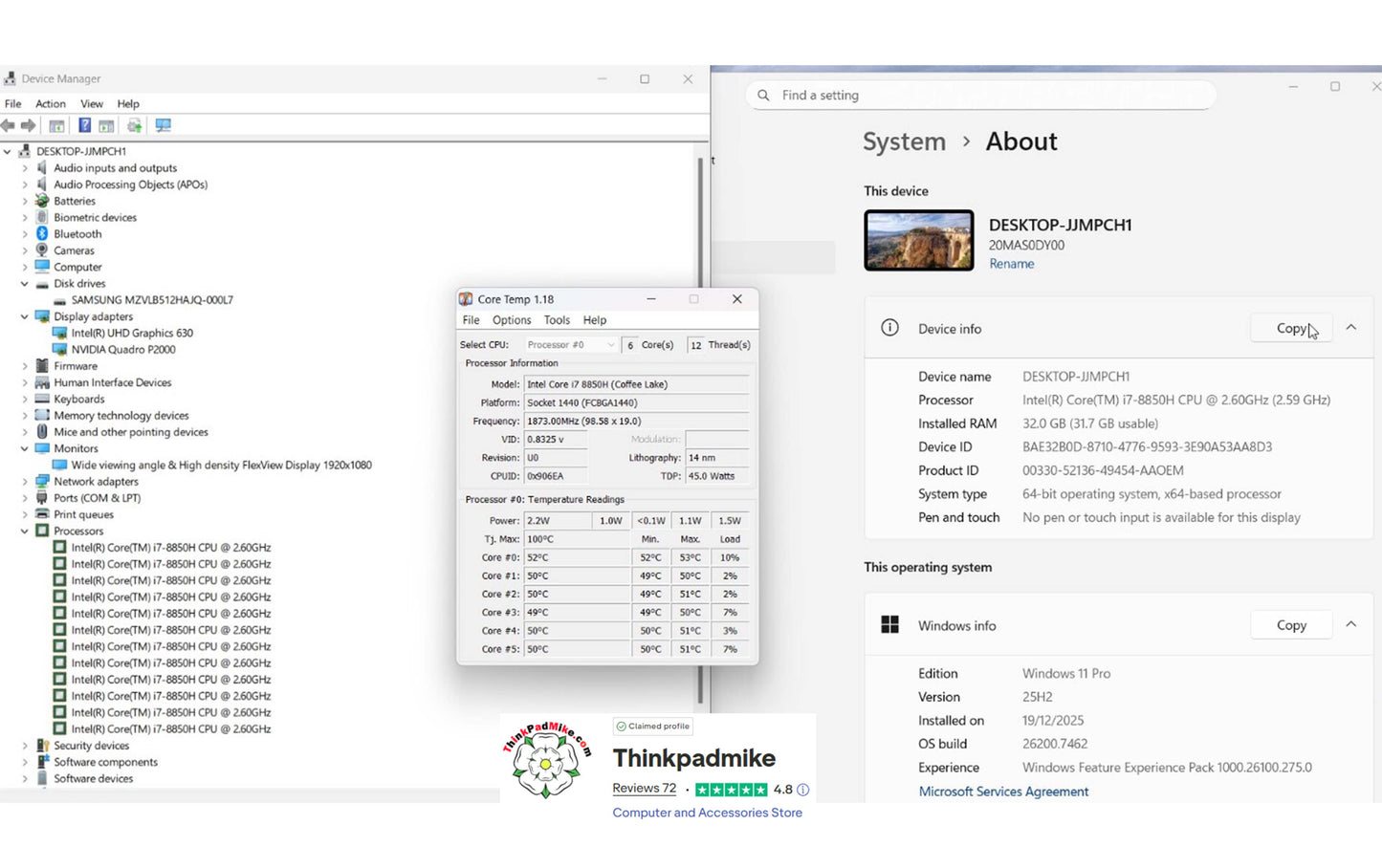 Lenovo ThinkPad P52 i7 *6 CORE* 8850H 2.6Ghz 32GB RAM 512GB SSD IPS B\L KB NVIDIA P2000 (1270)