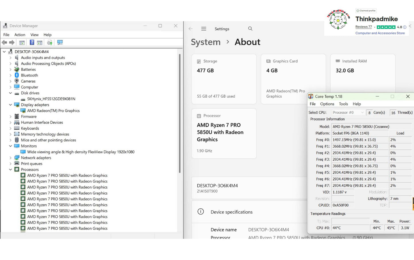 Lenovo ThinkPad P14s AMD Ryzen 7 Pro 8 Core 32GB RAM 512GB SSD IPS Screen (1298)