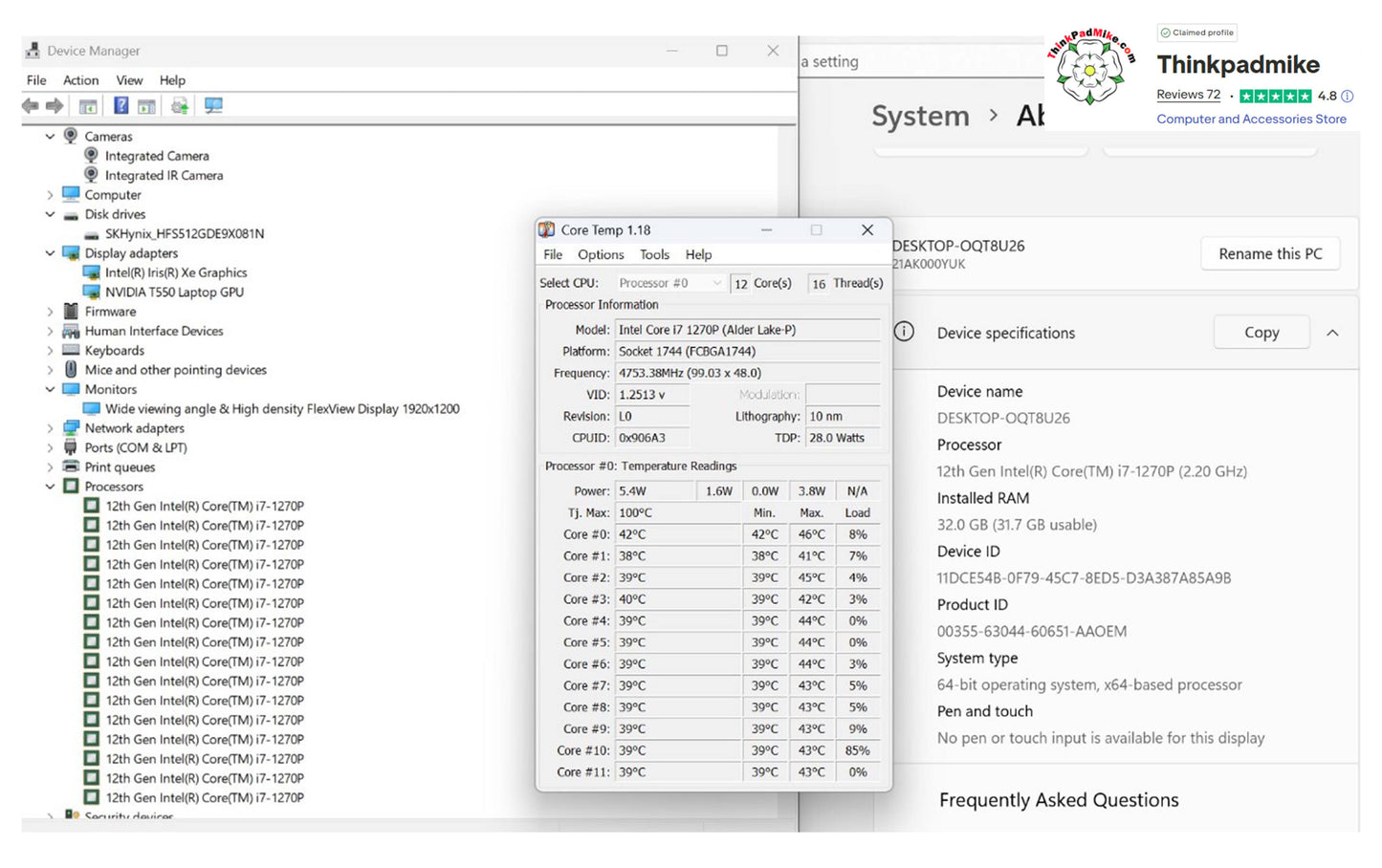 Lenovo ThinkPad P14s i7 1270P **12 Core** 32GB RAM 512GB SSD IPS WUXGA NVIDIA T550 WIN11 (1251)