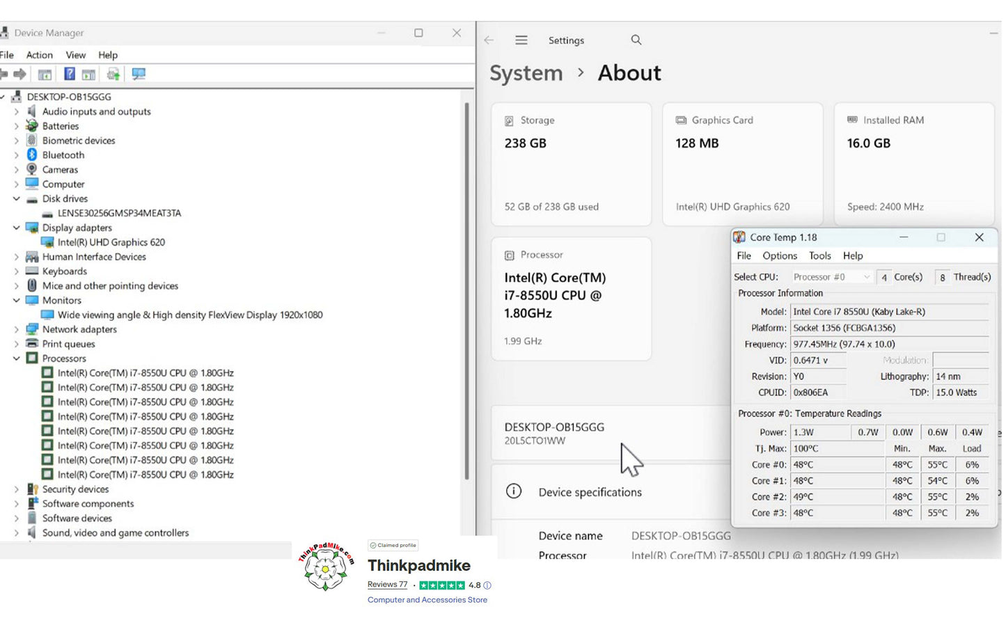 Lenovo ThinkPad T480 i7 8550U 16GB RAM 256GB SSD IPS SCREEN DUAL BATS (1293)