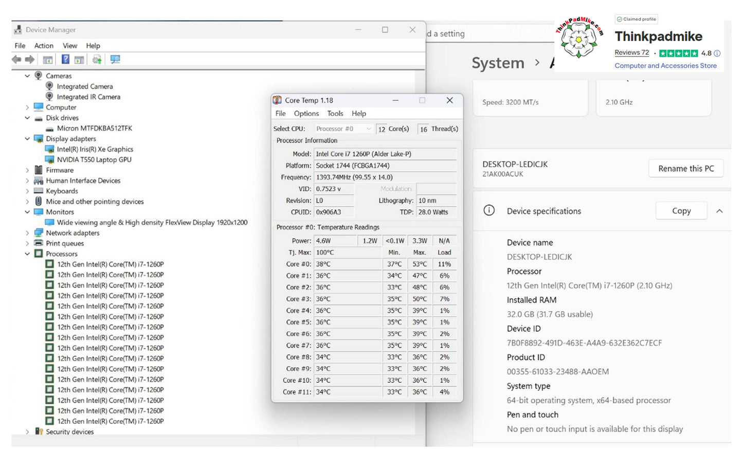Lenovo ThinkPad P14s i7 1260P **12 Core** 32GB RAM 512GB SSD IPS WUXGA NVIDIA T550 WIN11 (1250)
