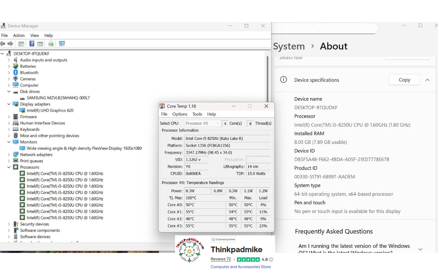 Technical specifications of a ThinkPad laptop displayed on a computer screen.
