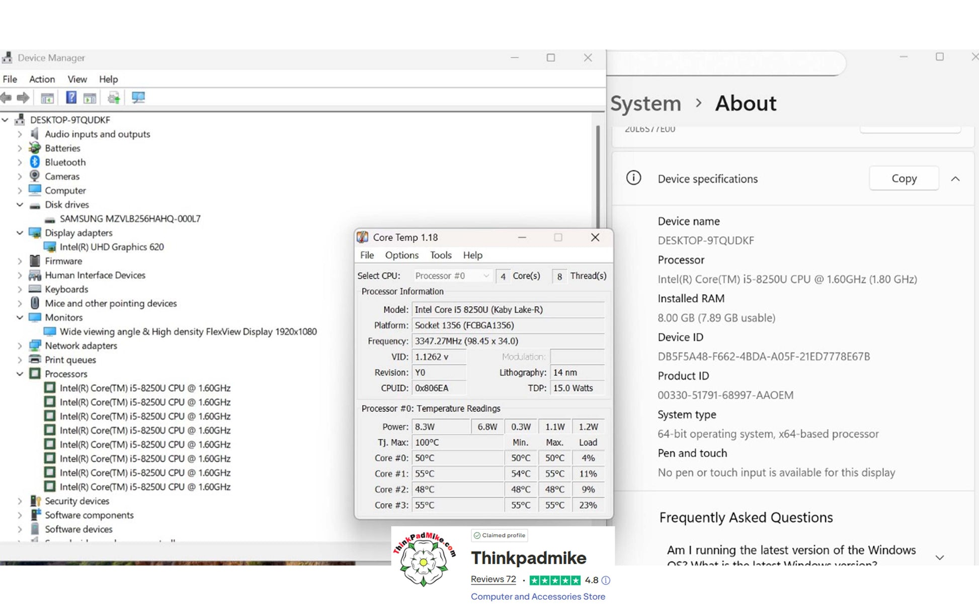 Technical specifications of a ThinkPad laptop displayed on a computer screen.