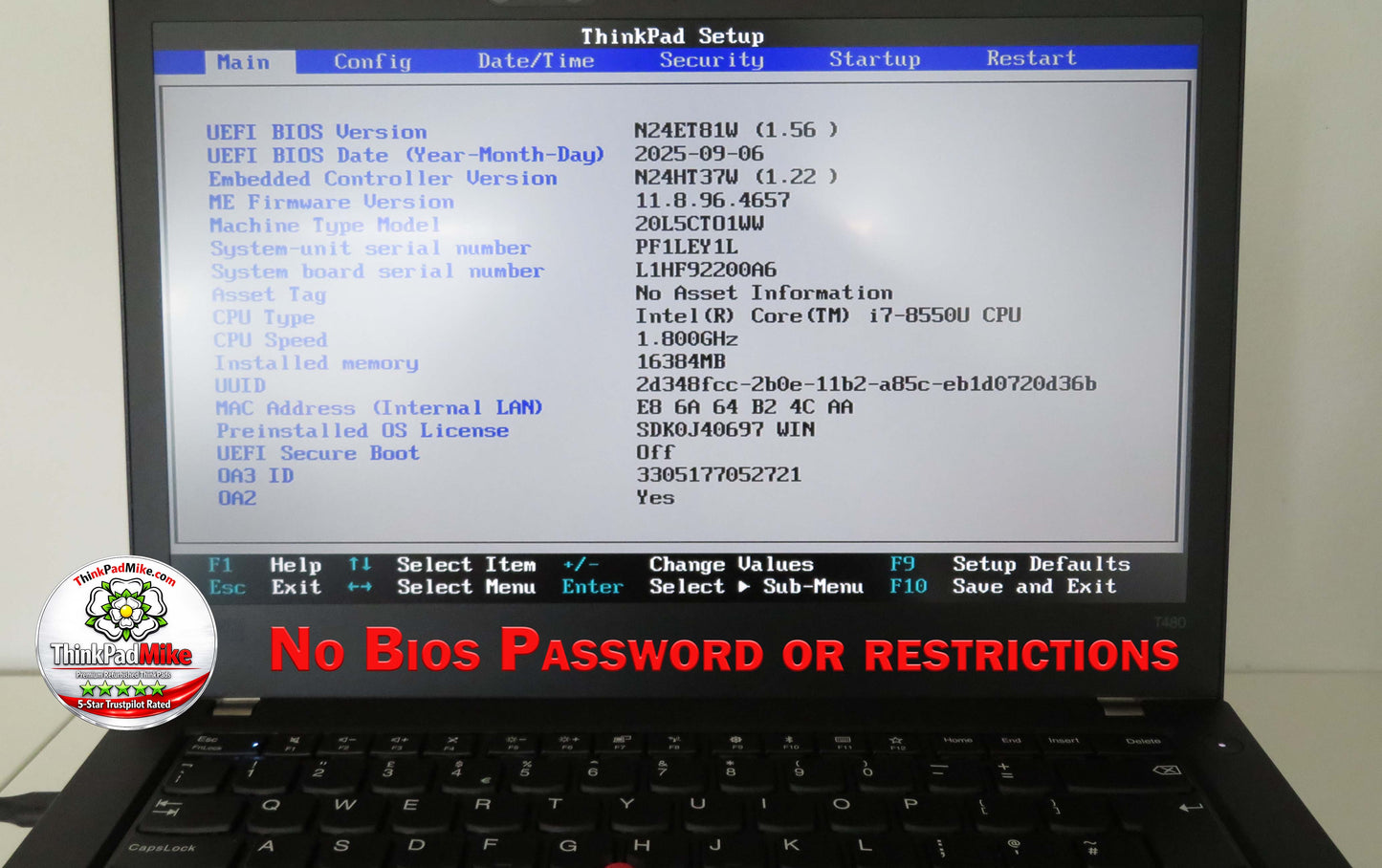 Lenovo ThinkPad T480 i7 8550U 16GB RAM 256GB SSD IPS SCREEN NVIDIA MX150 (1368)