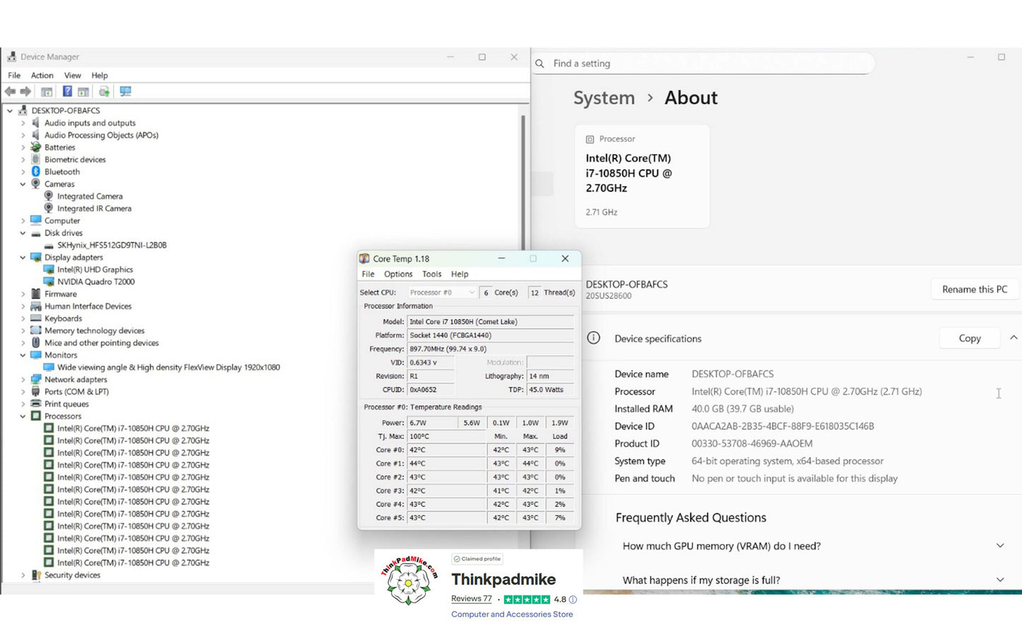 Lenovo ThinkPad P15 i7 10850H *6 CORE* 40GB RAM 512GB SSD IPS NVIDIA T2000 (1285)