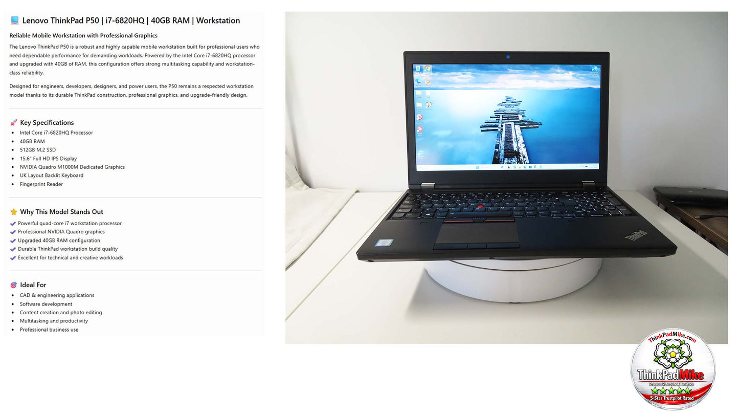 Lenovo ThinkPad P50 i7 6820HQ 40GB RAM 512GB SSD IPS NVIDIA M1000M (1360)