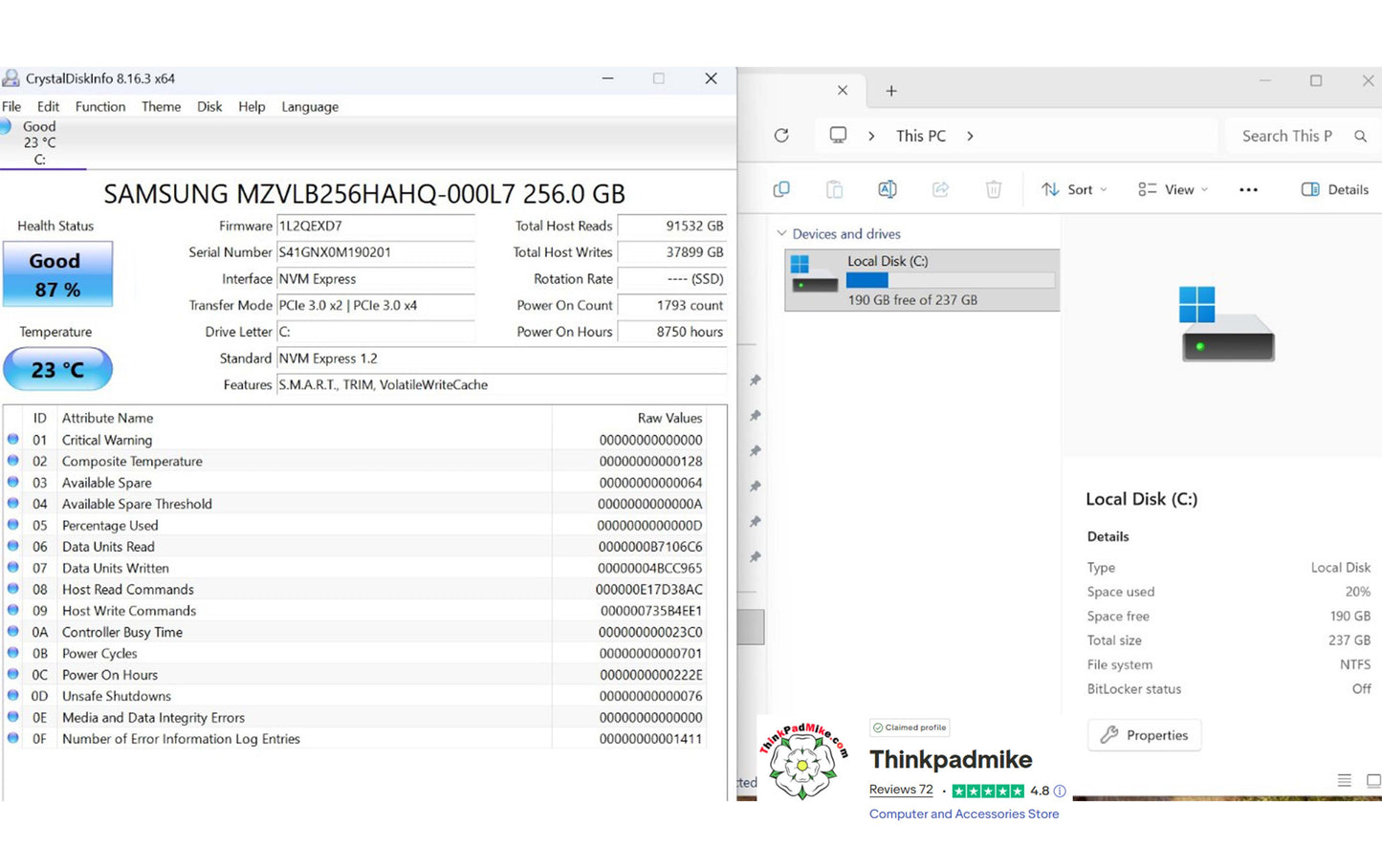 ThinkPad T480 SSD health check Crystal Disk Info